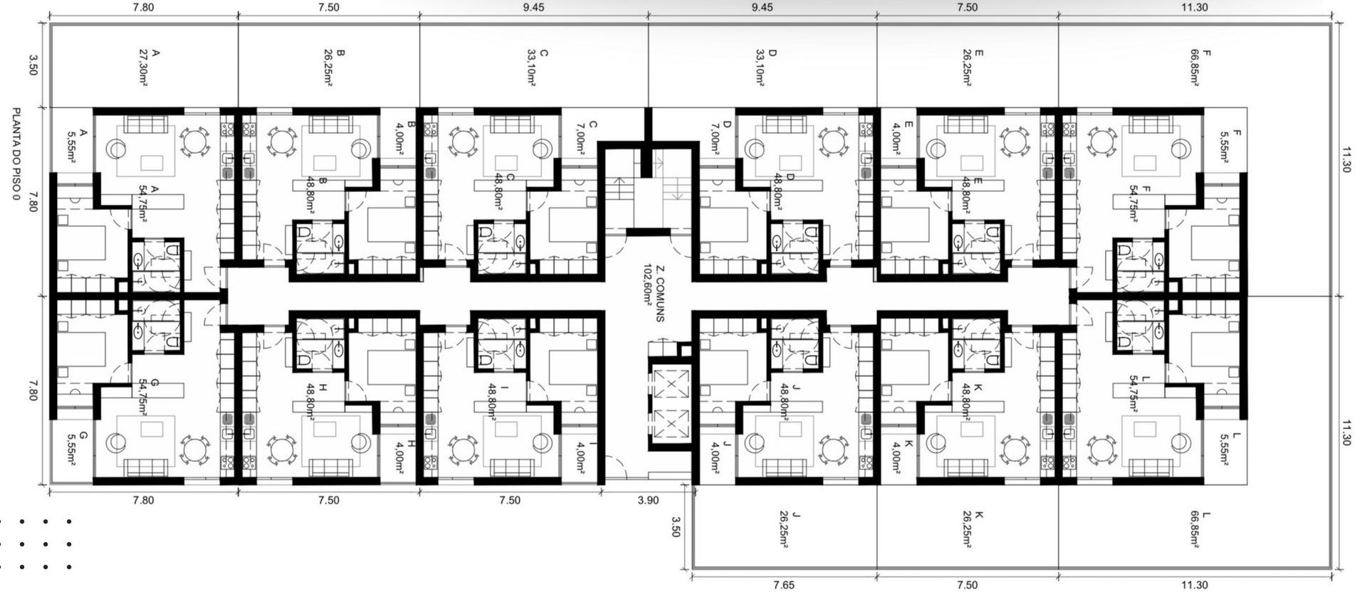 Planta arquitetônica de um edifício com várias unidades de apartamentos, mostrando cômodos e layouts com medidas.