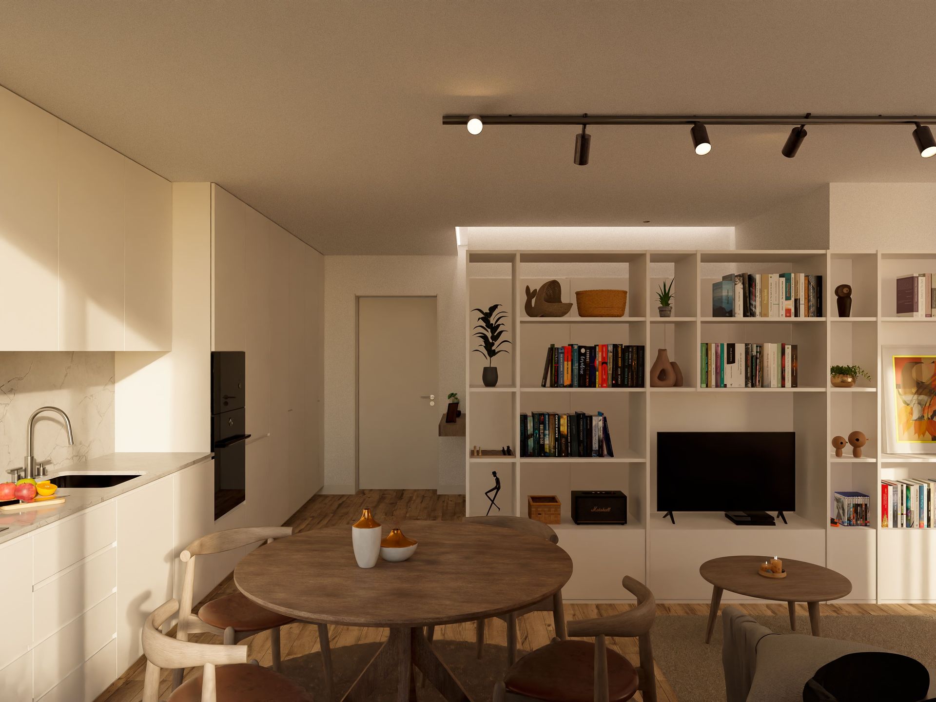 Interior de uma sala de estar iluminada com cozinha, sala de jantar e estantes, mesa redonda de madeira no centro da sala.