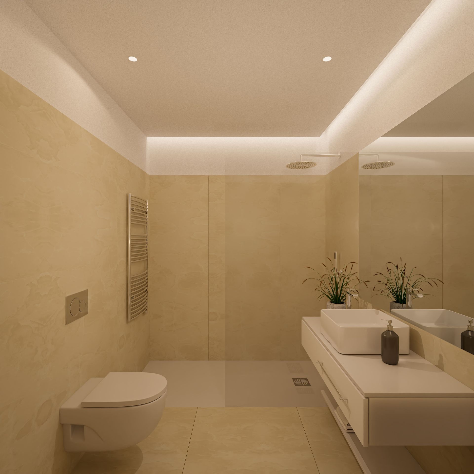 Banheiro moderno com paredes bege e pia suspensa branca. Inclui vaso sanitário, chuveiro e espelho retangular sobre a pia.