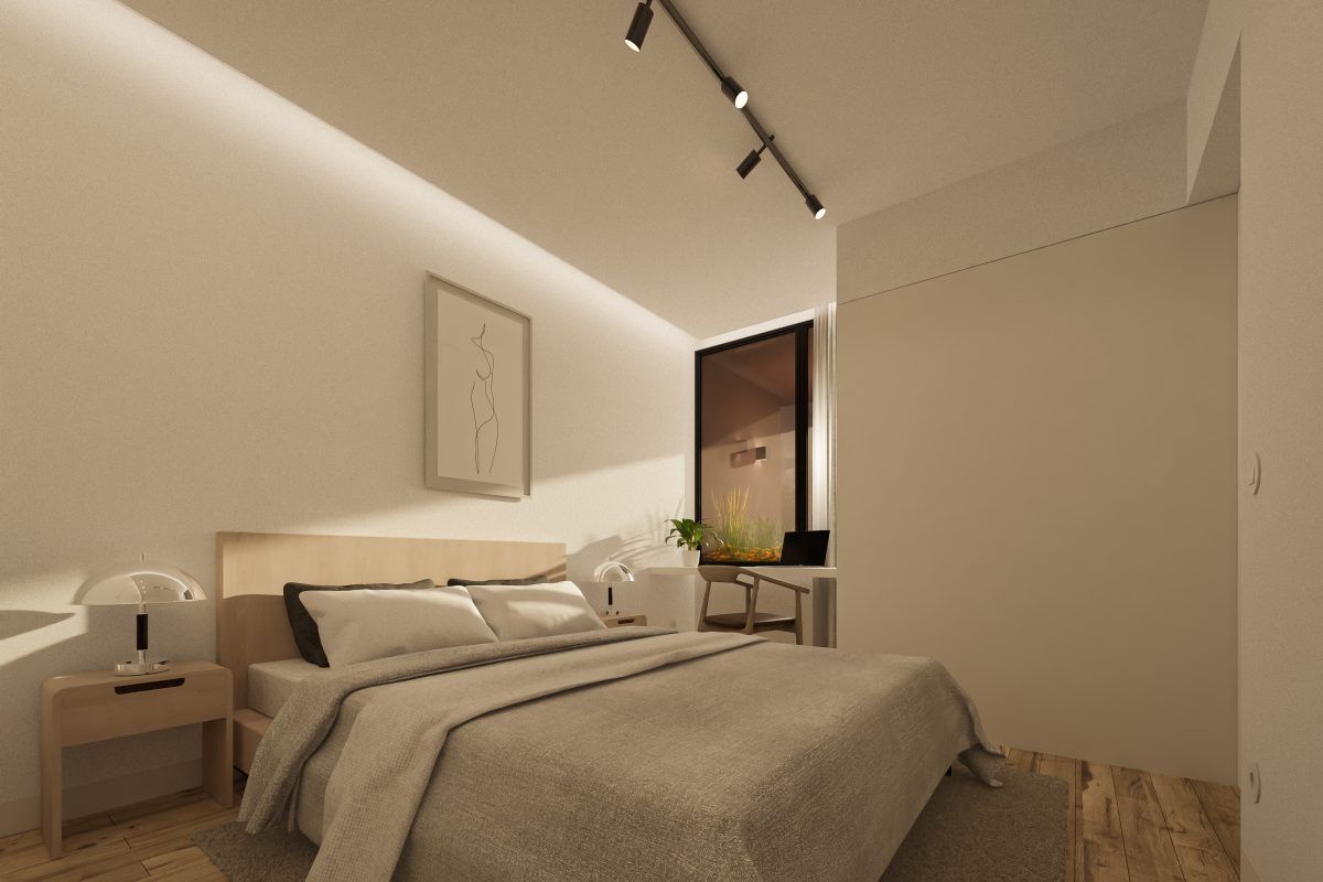 Interior de quarto com cama, mesas de cabeceira, arte e iluminação de trilho contra paredes brancas.