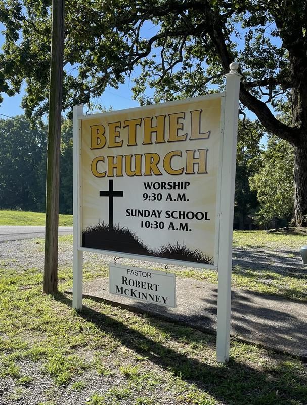 A sign for the bethel church says worship 9:30 a.m. sunday school 10:30 a.m.