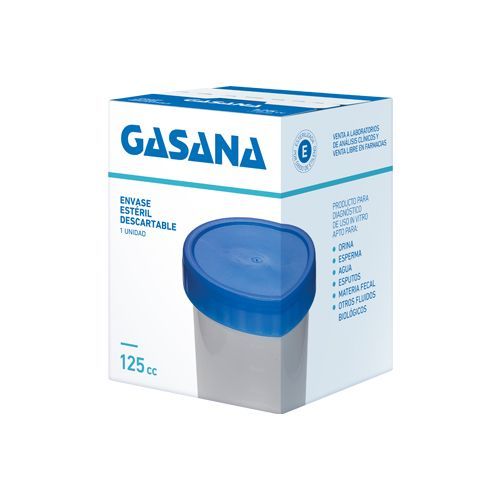 Caja de recipientes desechables para recolección de orina “Gasana”, de 125cc, con tapa azul.