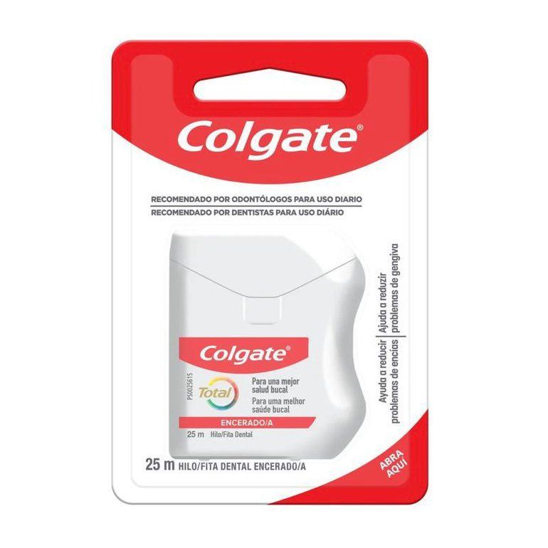 Paquete de hilo dental Colgate en color blanco y rojo.