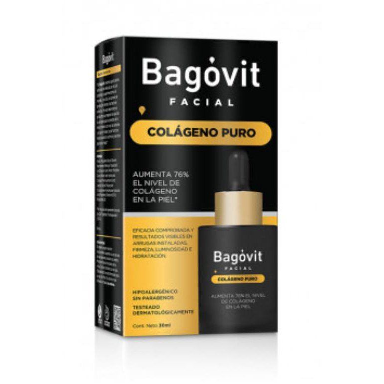 Caja de sérum facial Bagovit con etiqueta "Colágeno Puro". Colores negro y dorado.