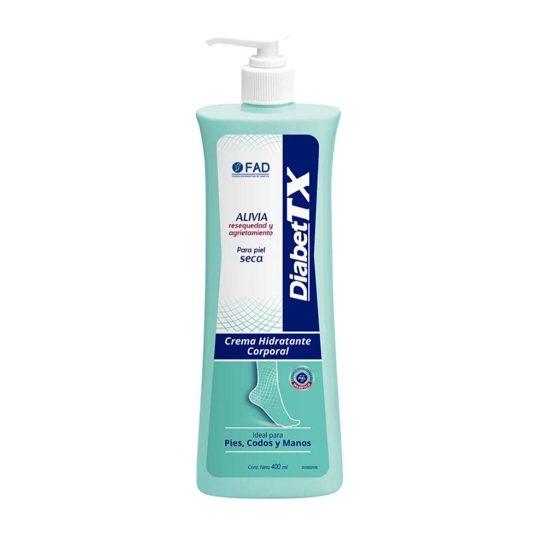 Botella de crema corporal hidratante DiabetTX con gráfico de pie; turquesa y blanco.