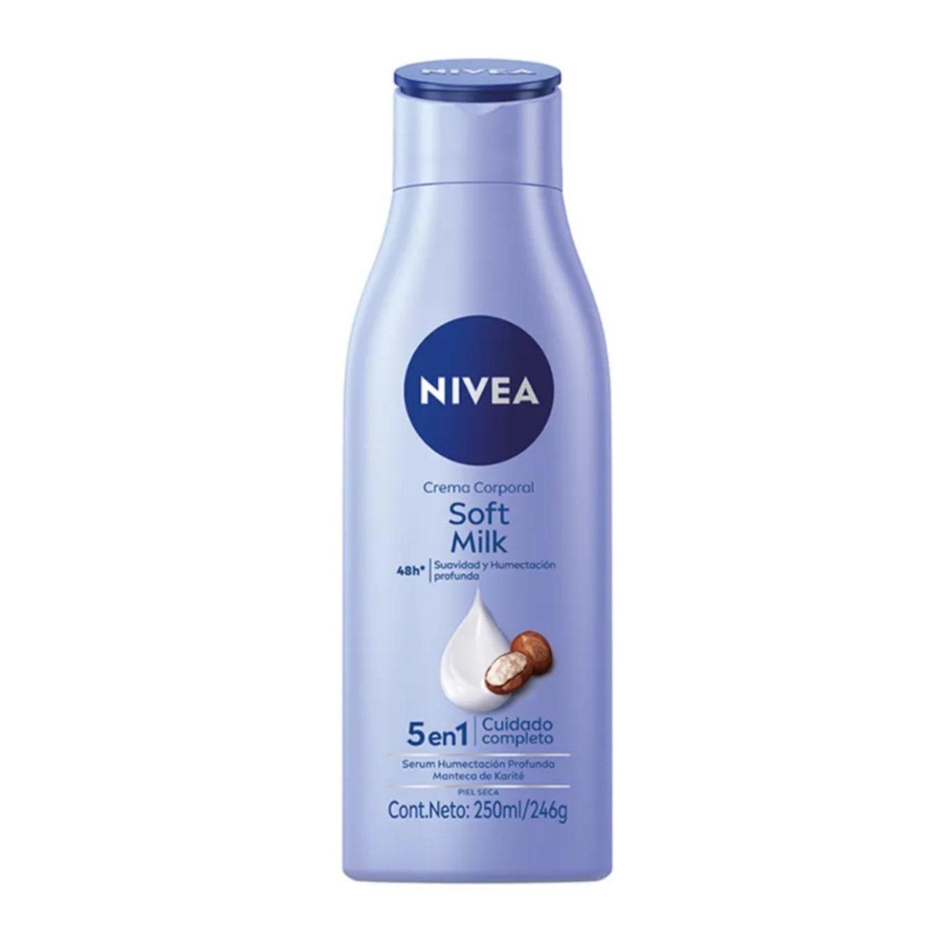Botella de loción corporal Nivea Soft Milk, de color azul claro, con gota de producto blanca y nueces de karité en la etiqueta.
