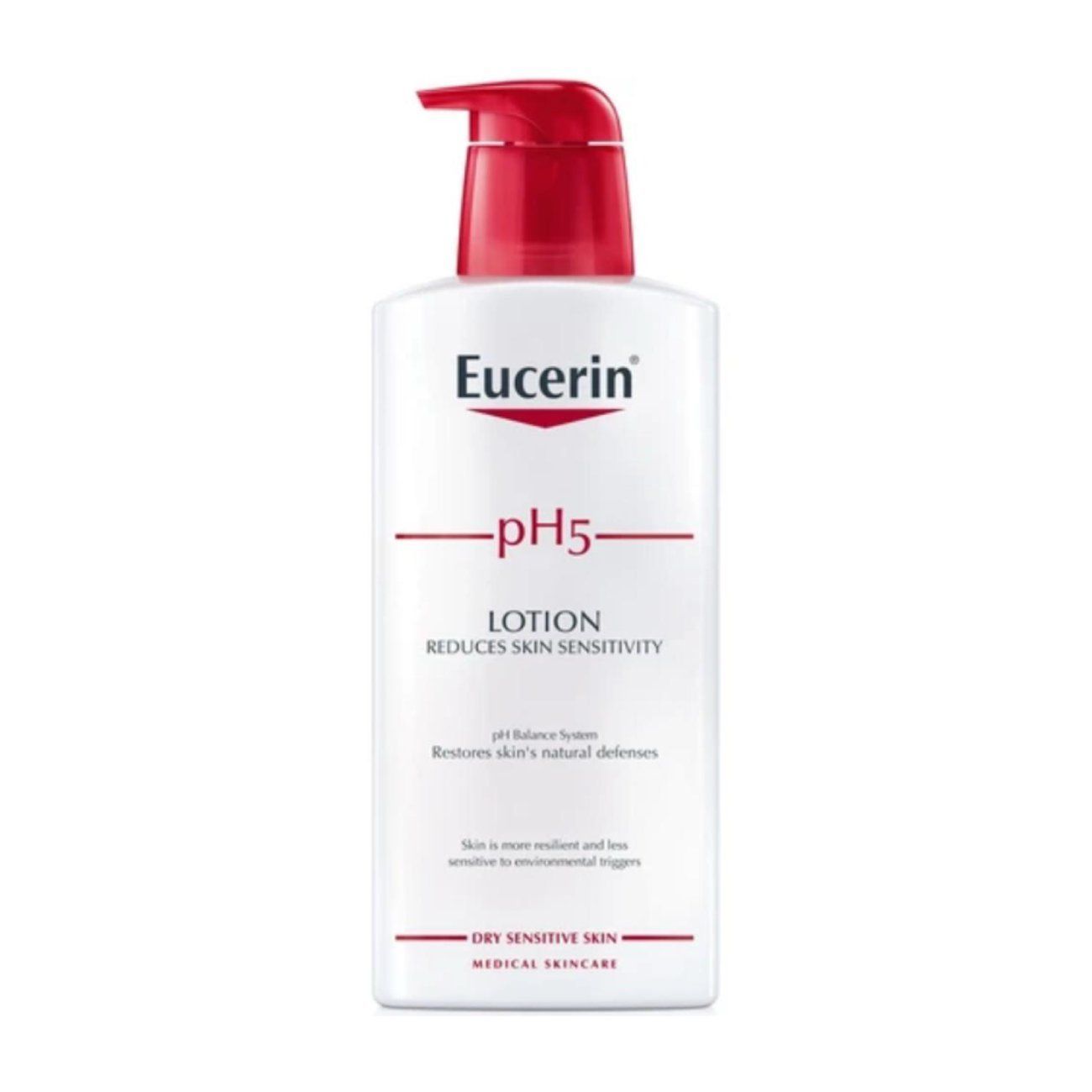 Loción Eucerin pH5 en frasco con dosificador rojo. Frasco blanco, texto rojo y diseño sencillo para piel seca y sensible.