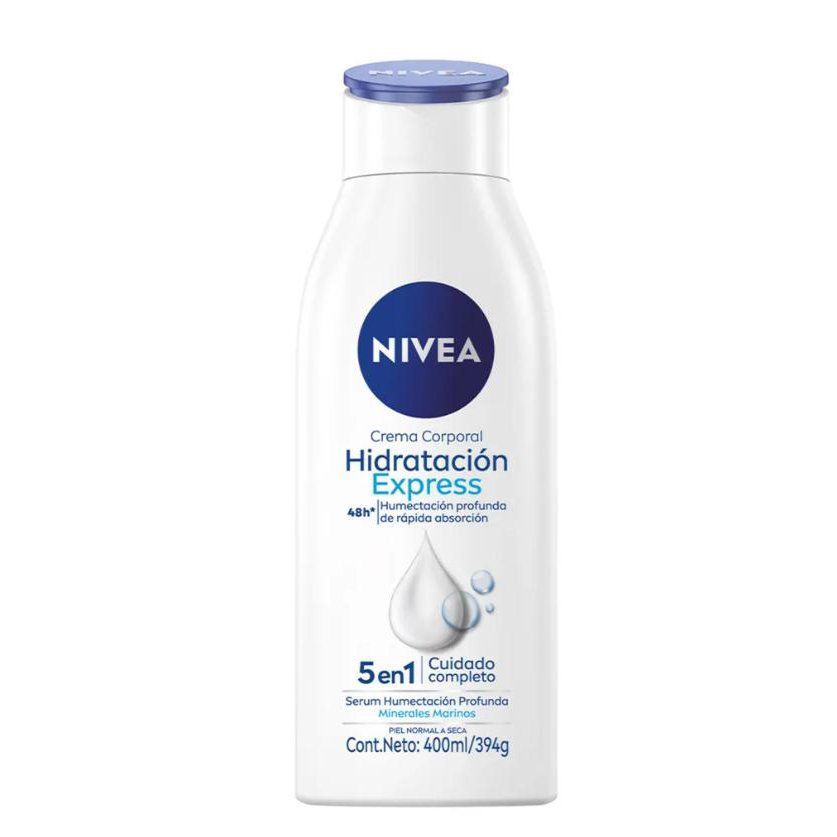 Botella de loción corporal Nivea con tapón azul, etiqueta con texto azul y blanco, sobre fondo blanco.