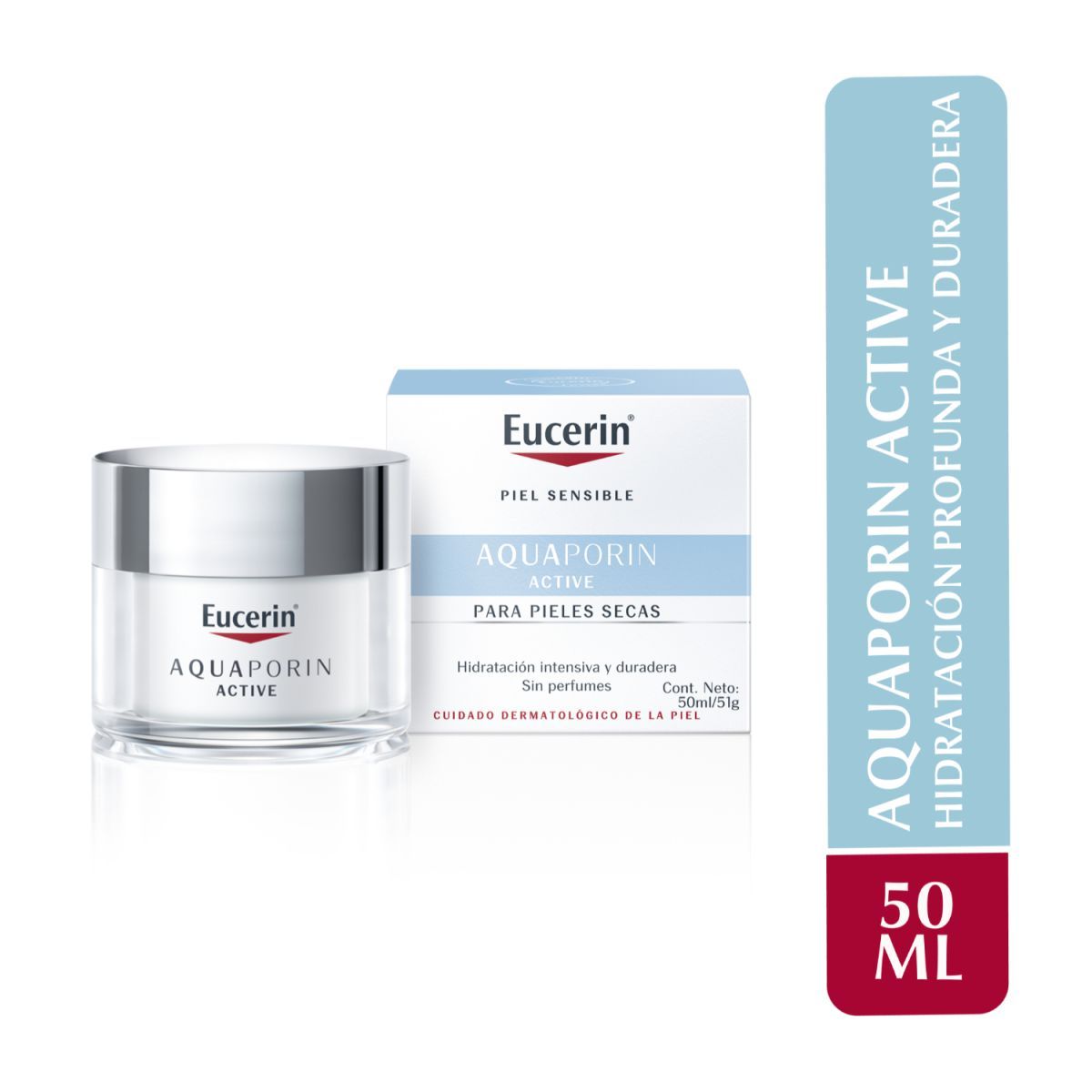 Eucerin Aquaporin Active moisturizer jar and box, with text "Hidratación profunda y duradera".