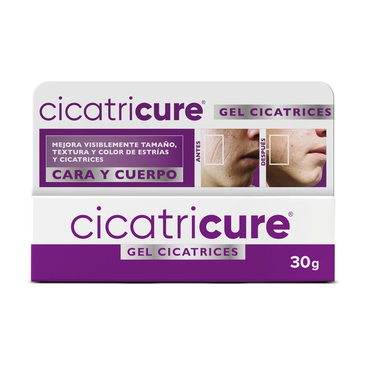 Gel Cicatricure para cicatrices, empaque morado y blanco con fotos de antes y después de un rostro.