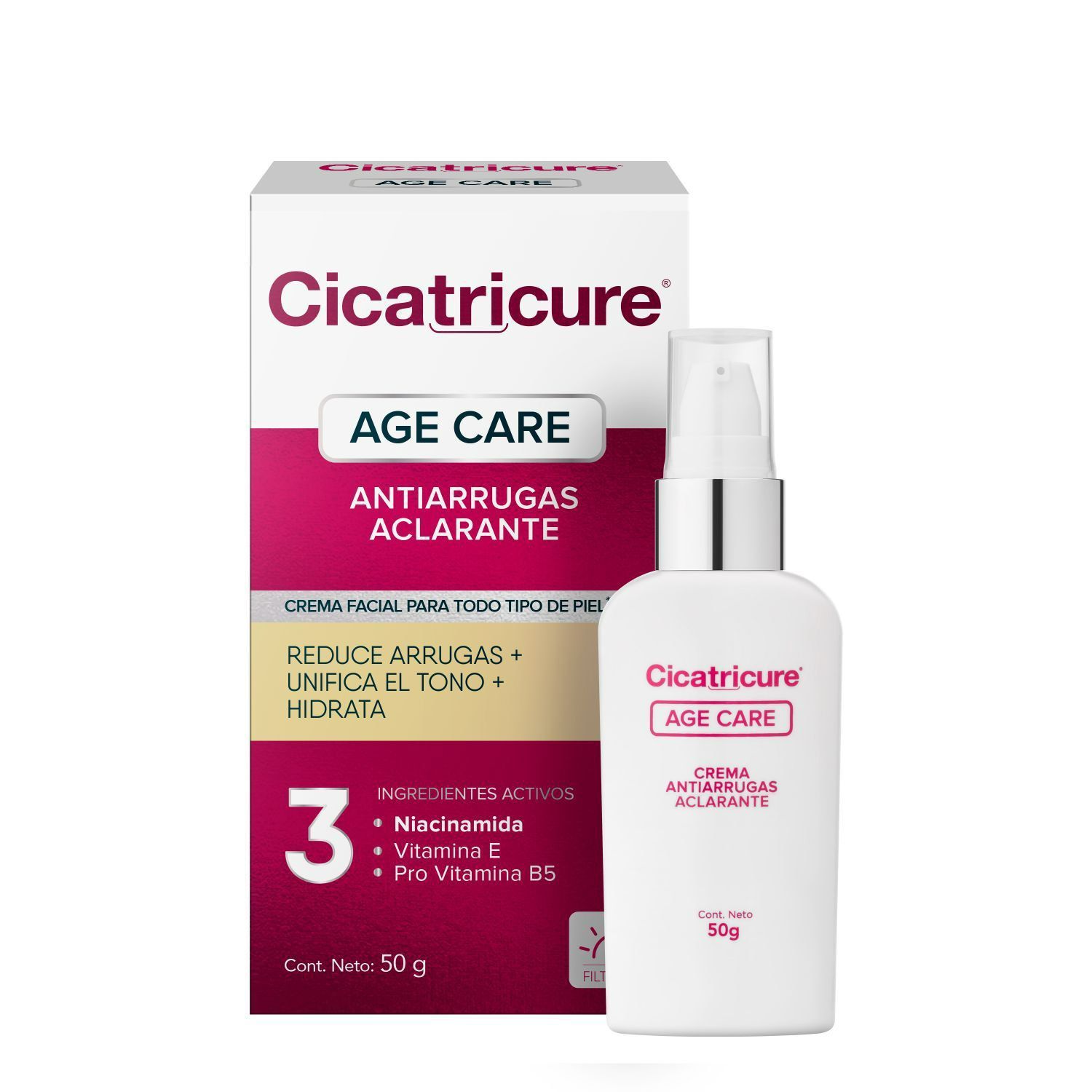 Caja y frasco de crema antiarrugas e iluminadora Cicatricure Age Care con texto e ingredientes resaltados.