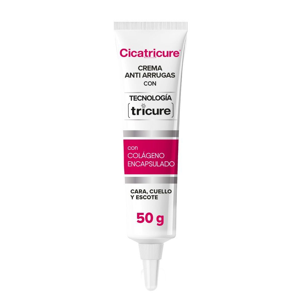 Tubo de crema antiarrugas Cicatricure con colágeno encapsulado, para rostro, cuello y escote.