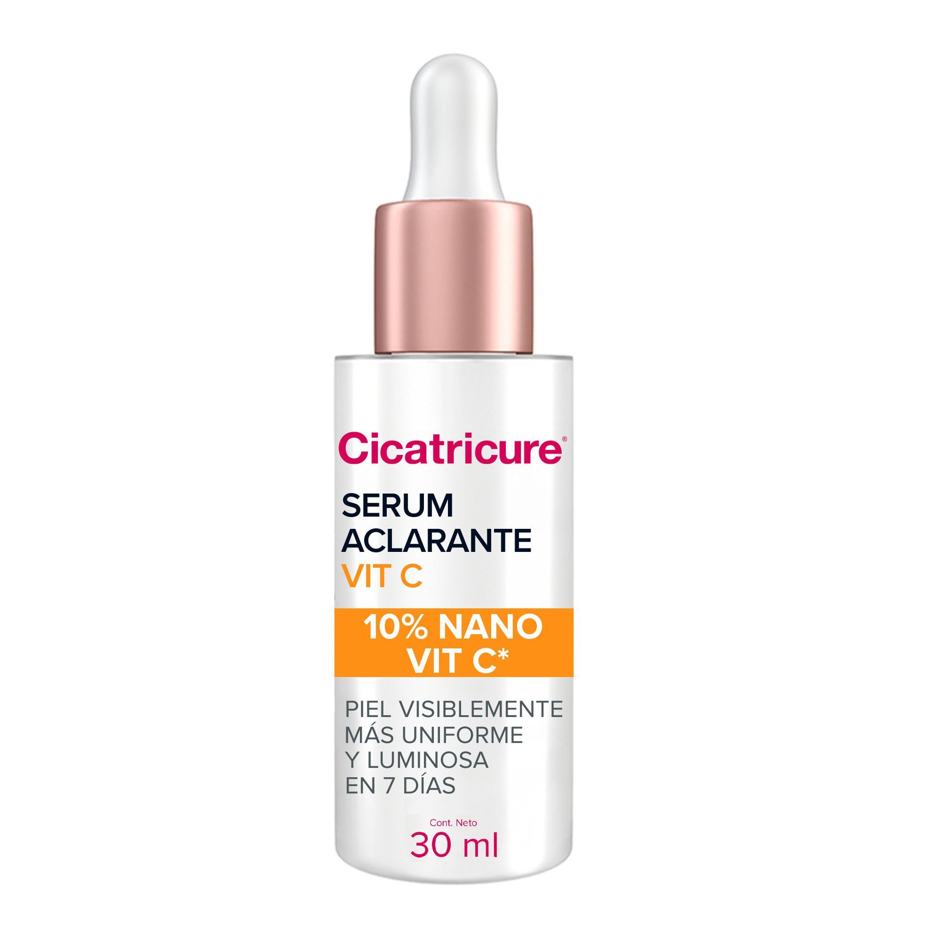 Frasco de suero Cicatricure con gotero, etiquetado "10% Nano Vit C".