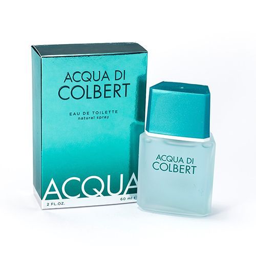 Un frasco de perfume y una caja. La caja y el tapón son de color verde azulado; el frasco tiene un acabado de vidrio esmerilado. La marca es "Acqua di Colbert".