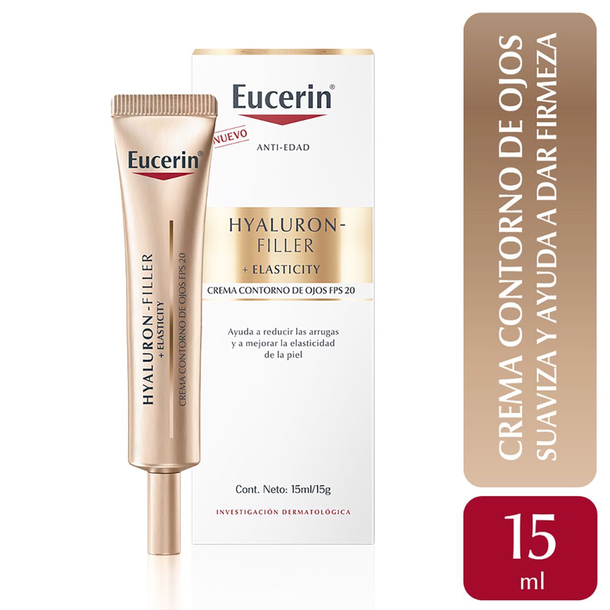 Tubo y caja de crema para ojos Eucerin, “Hyaluron-Filler + Elasticity”, suaviza y reafirma.