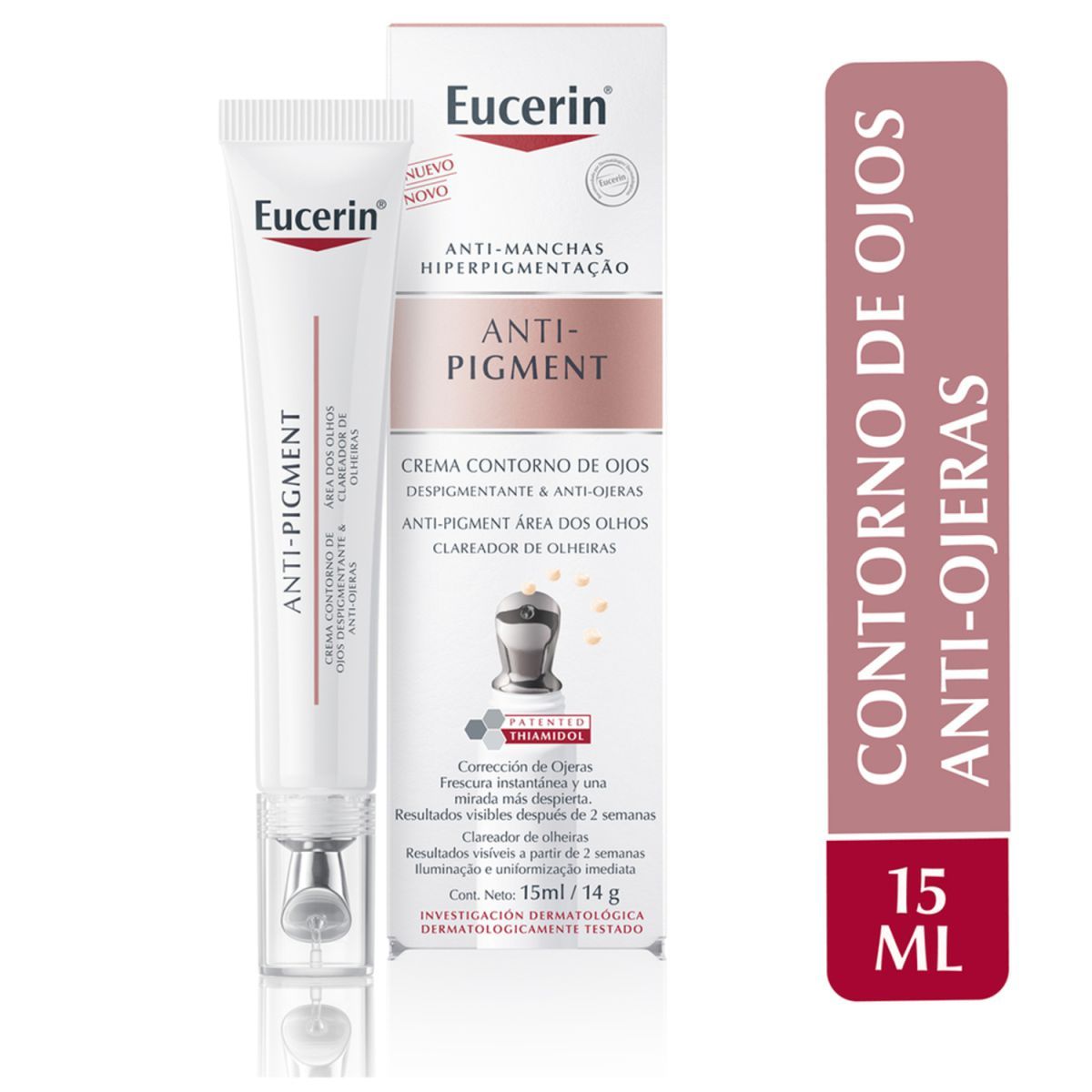 Tubo y caja de crema contorno de ojos antipigmentante de Eucerin, sobre superficie blanca. Texto en español.