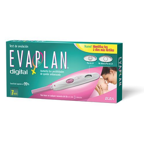 Caja de pruebas de ovulación digitales Evaplan, con varilla de prueba y mujer con bebé.
