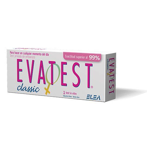 Caja de prueba de embarazo Evatest clásica, de color blanco con texto en rosa, símbolo de mujer y "Cont. superior al 99%".