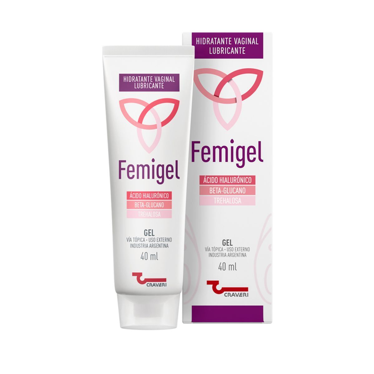 Tubo y caja de gel vaginal Femigel; logotipo rosa, texto "Hydratante Intime Lubrificante" en italiano.