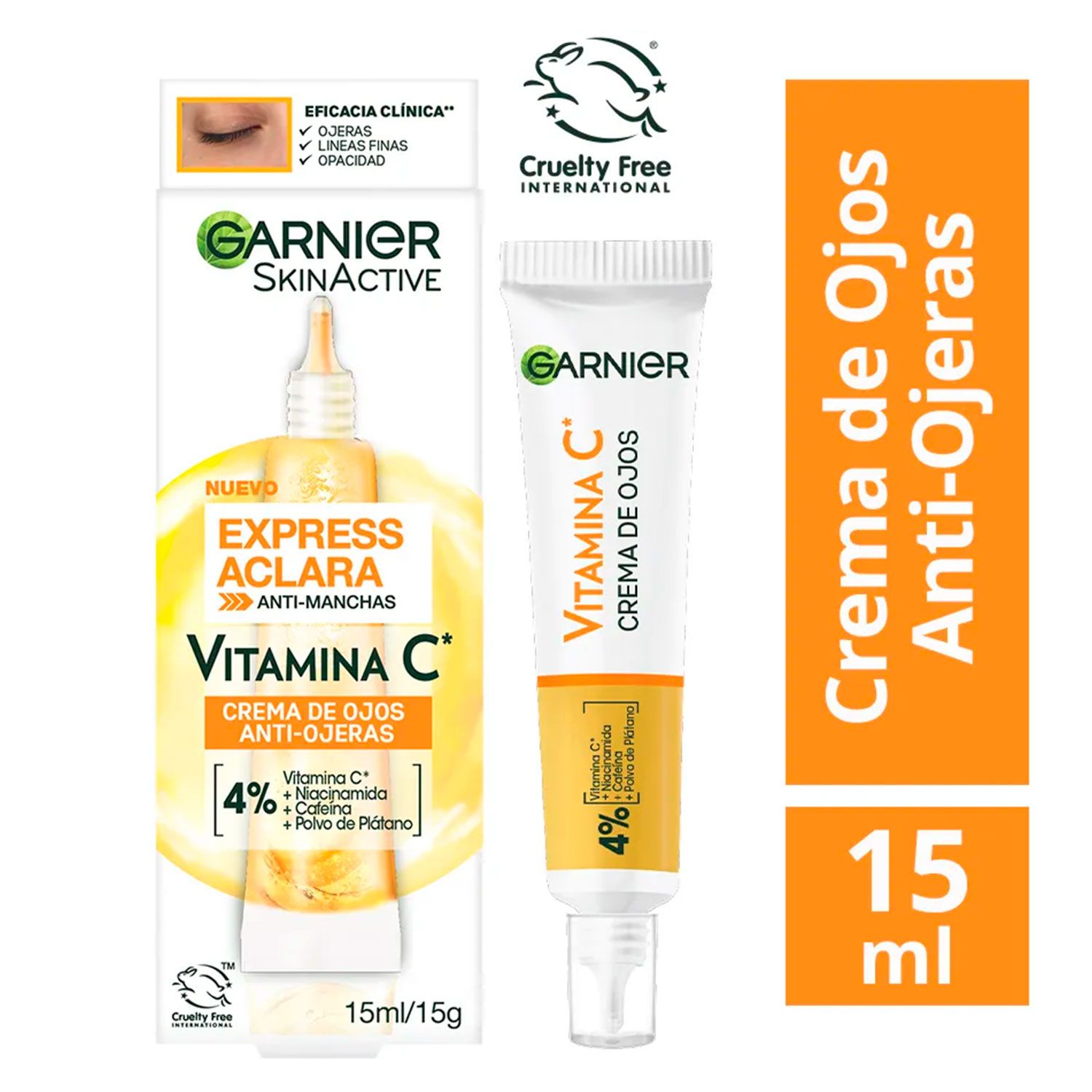Tubo y envase de crema contorno de ojos con vitamina C de Garnier, antiojeras, cruelty free, color naranja y blanco.