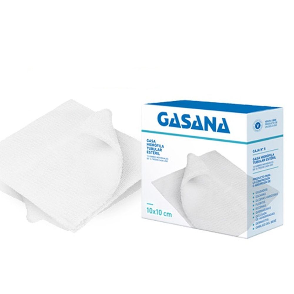 Gasas blancas y caja con la etiqueta "GASANA". Gasas de 10 x 10 cm para el cuidado de heridas.