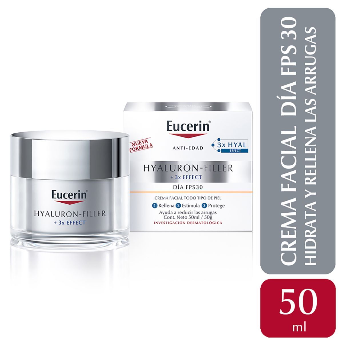 Crema de día Eucerin Hyaluron-Filler con FPS 30. Tarro y caja blancos, hidratante y rellenador de arrugas. 50 ml.