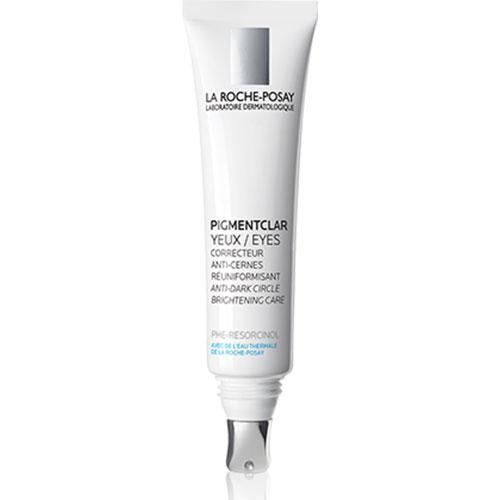 Tubo de crema para ojos La Roche-Posay Pigmentclar, color blanco con texto azul, aplicador roller.