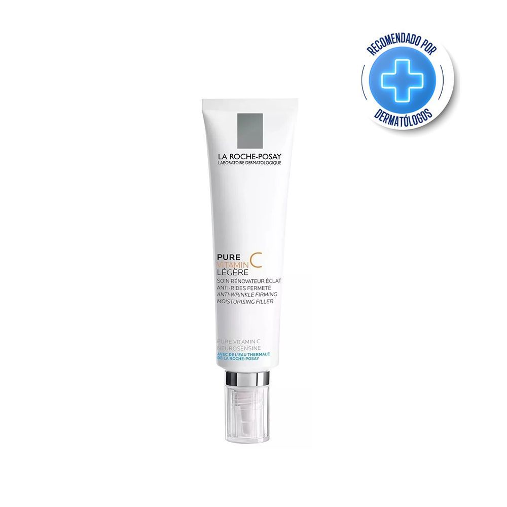 Tubo blanco de suero de vitamina C pura de La Roche-Posay con un símbolo médico azul en la esquina superior derecha.