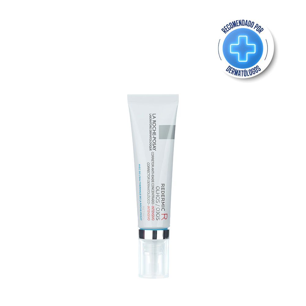 Tubo de producto para el cuidado de la piel, blanco, con texto y tapa plateada, sobre un fondo blanco; ícono médico en la parte superior derecha.