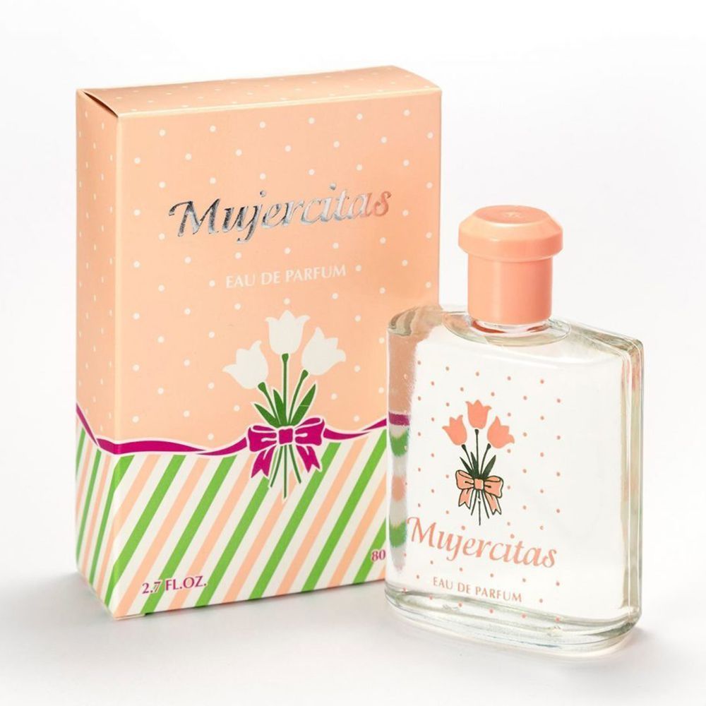 Frasco y caja de perfume: color melocotón con lunares blancos, rayas verdes y blancas, tulipanes, título "Mujercitas".