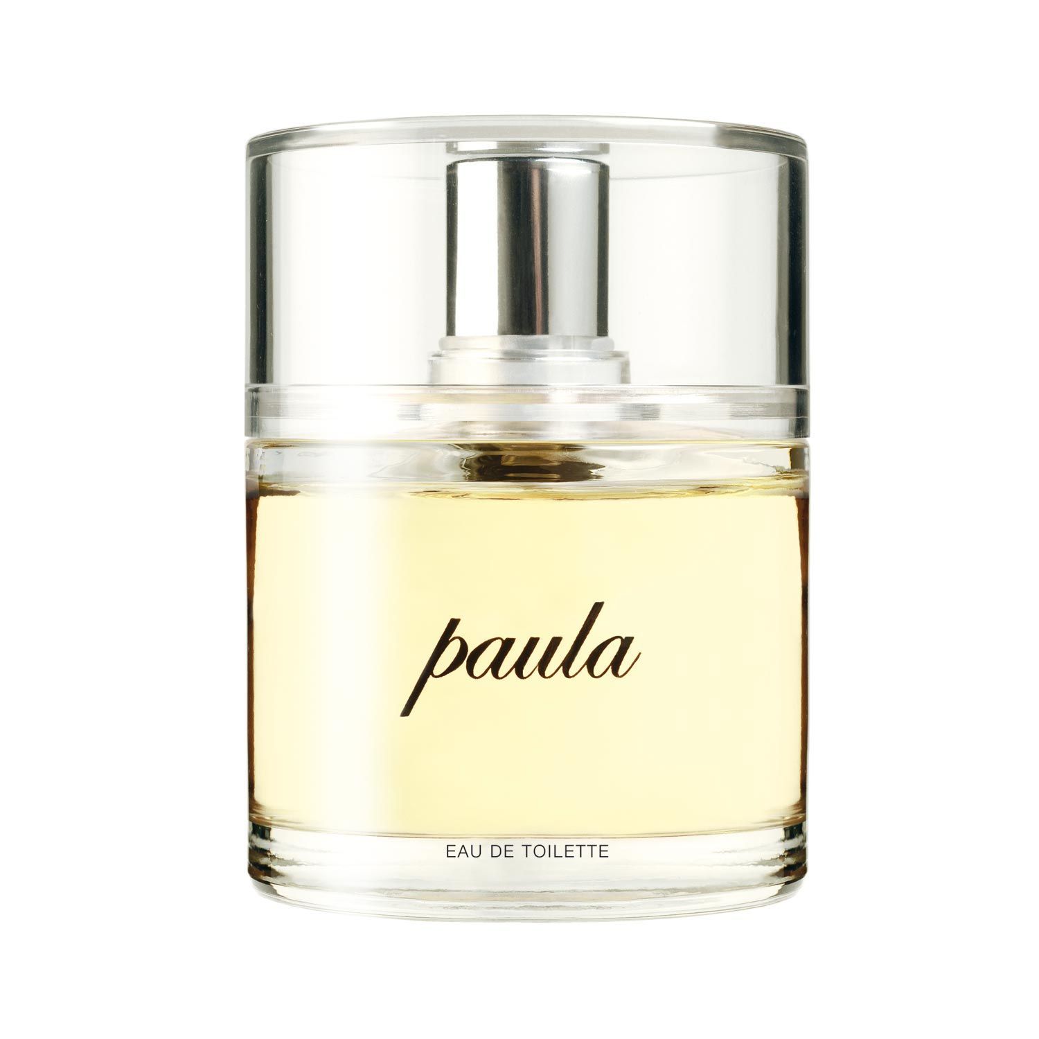 Botella de Eau de Toilette “Paula”, cristal transparente con tapón plateado, líquido amarillo, escritura negra.