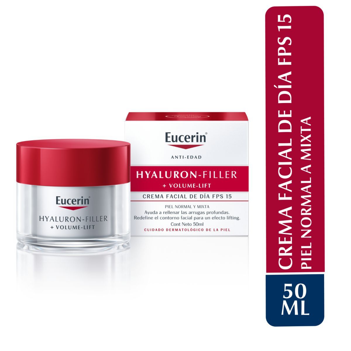 Crema de día Eucerin Hyaluron-Filler con FPS 15. Tarro y caja con packaging rojo y blanco, para piel normal a mixta.