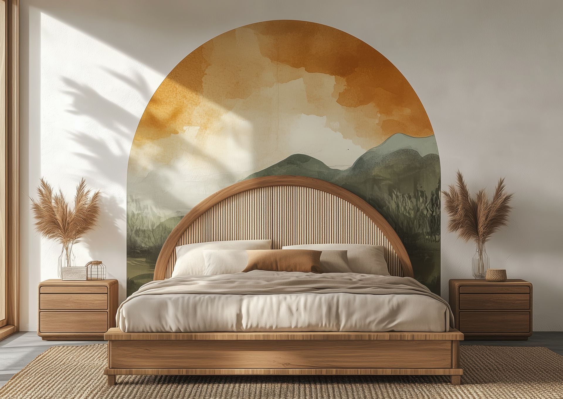 Bedroom with wooden bed, nightstands, and arch-shaped mural depicting a mountain landscape in warm tones.