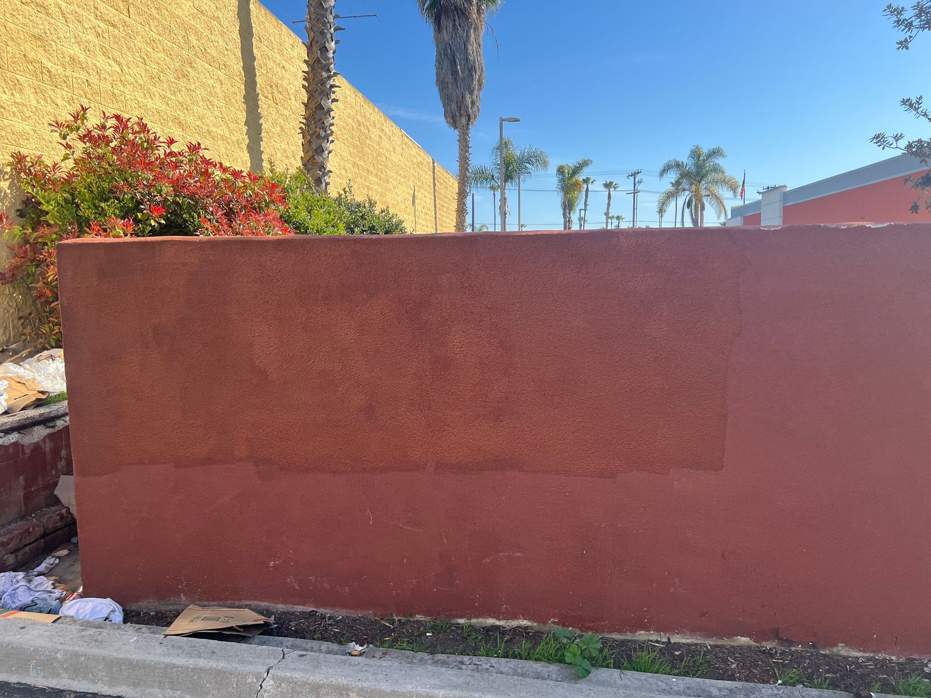 A large red wall with palm trees in the background