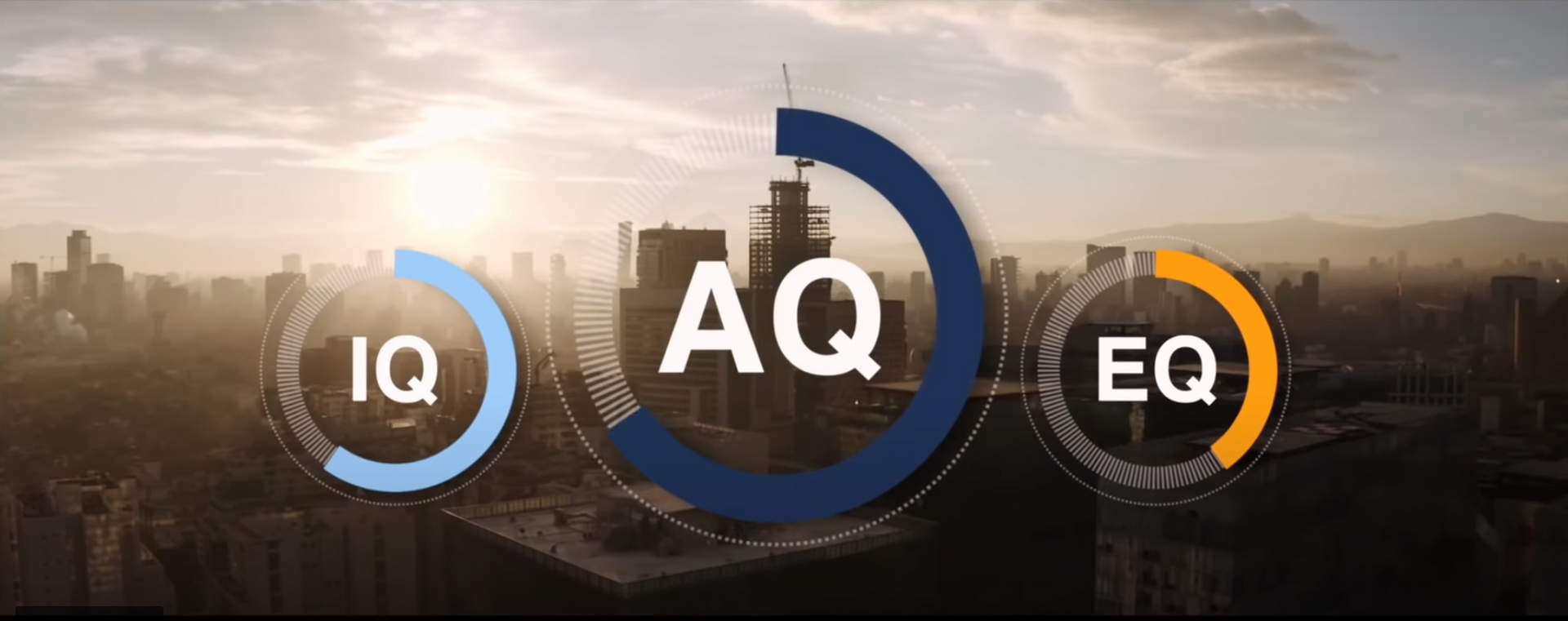 an aerial view of a city with the words iq aq eq written on it .