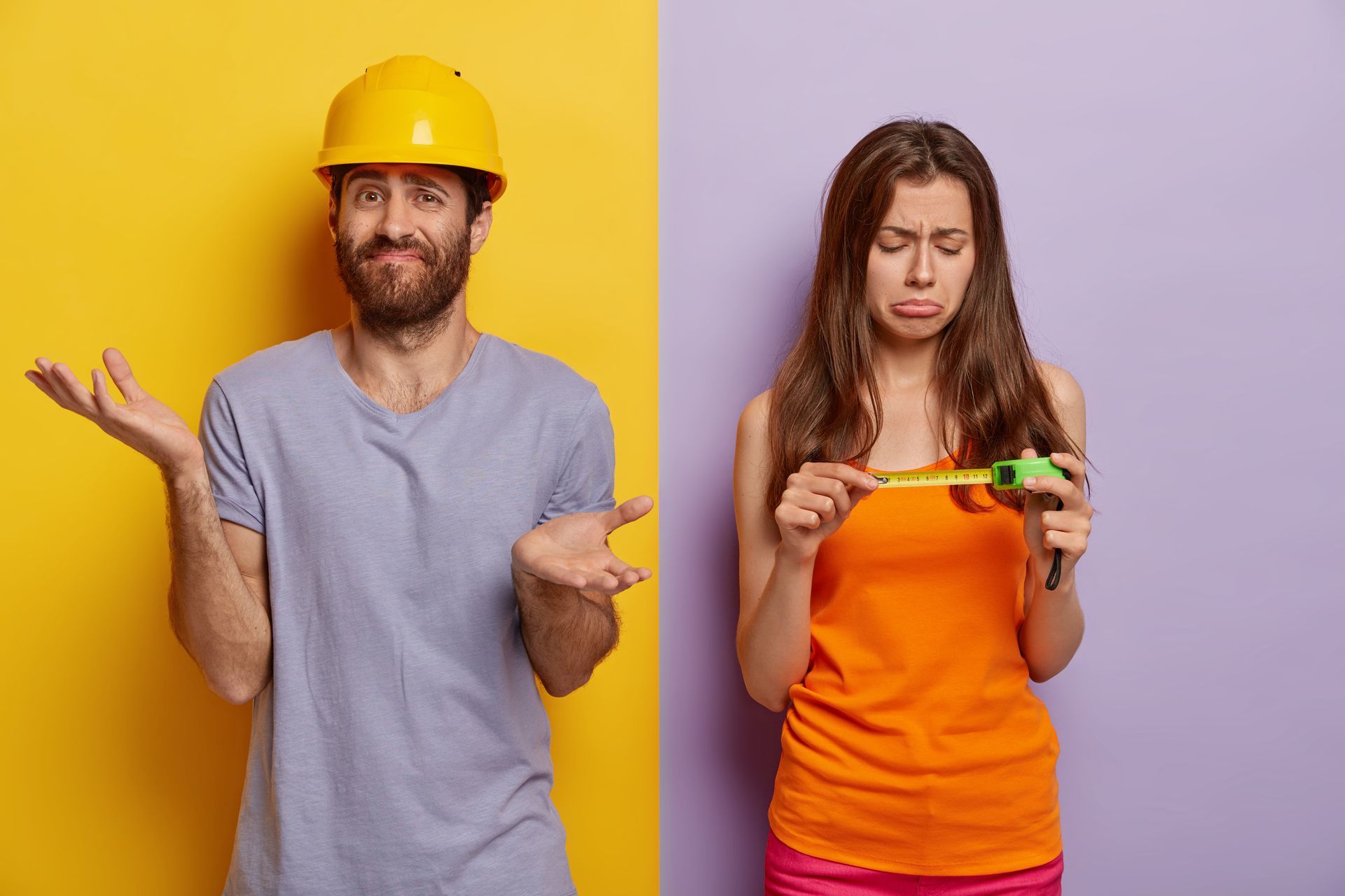 A man and a woman are standing next to each other on a yellow and purple background.