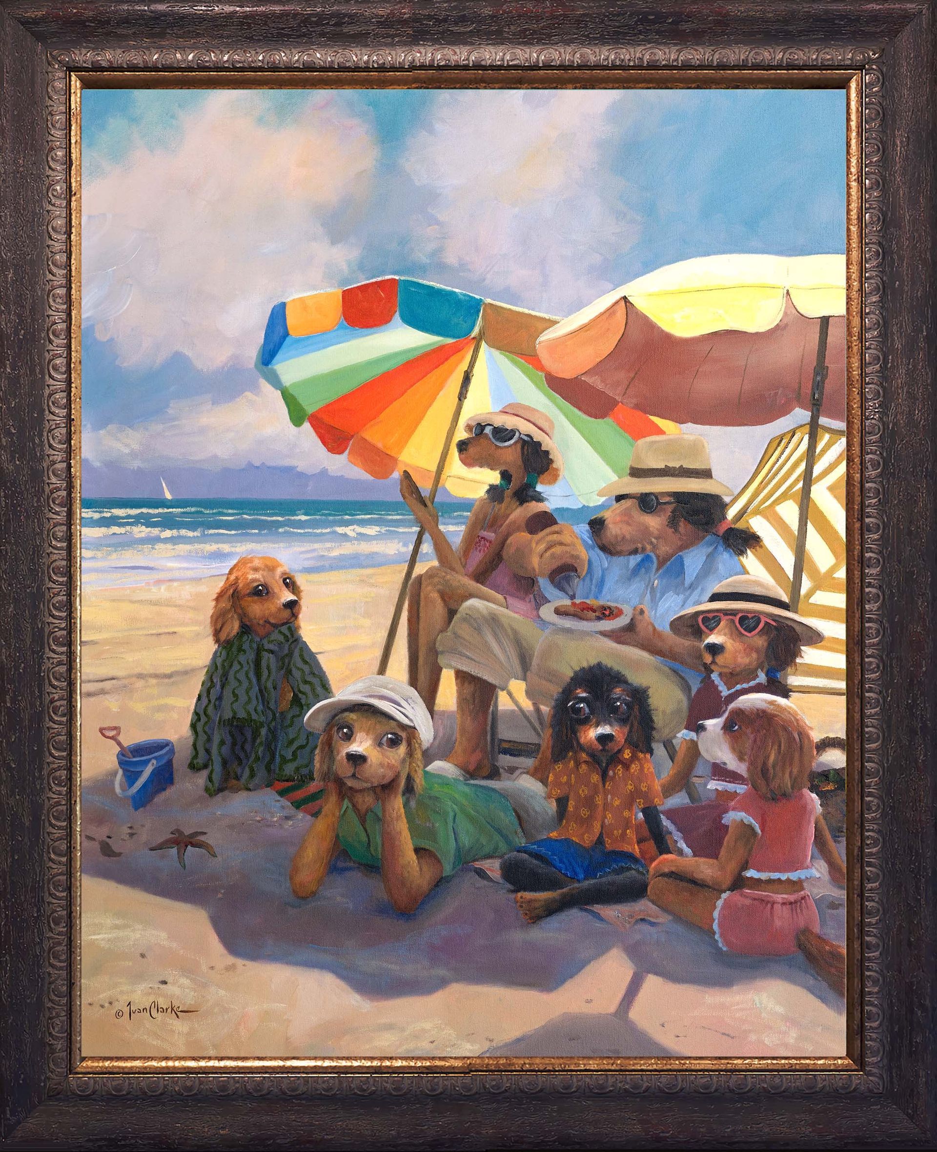 A painting of three dogs dressed as cowboys sitting in the front seats of a vehicle, with a landscape visible outside.