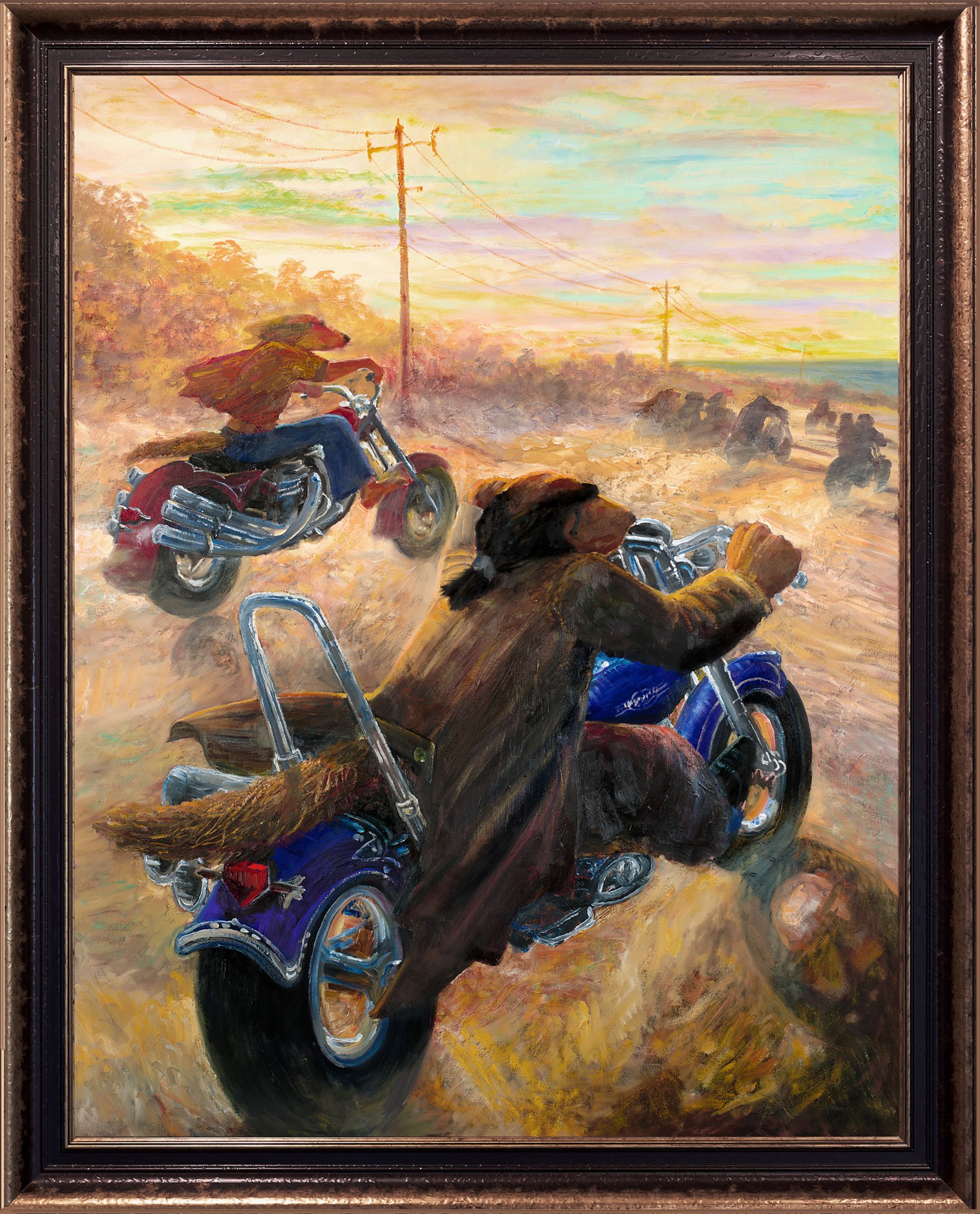 Dogs dressed in human clothing riding a motorcycle and eating ice cream in front of a rustic Western-style building.