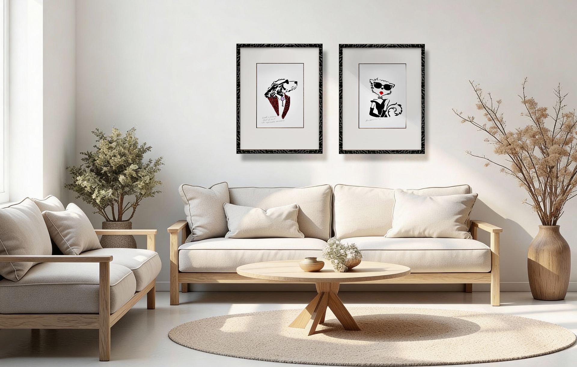 A stylish, illustrated cat wearing sunglasses, a black dress, and long gloves, with red lips and a studded collar.