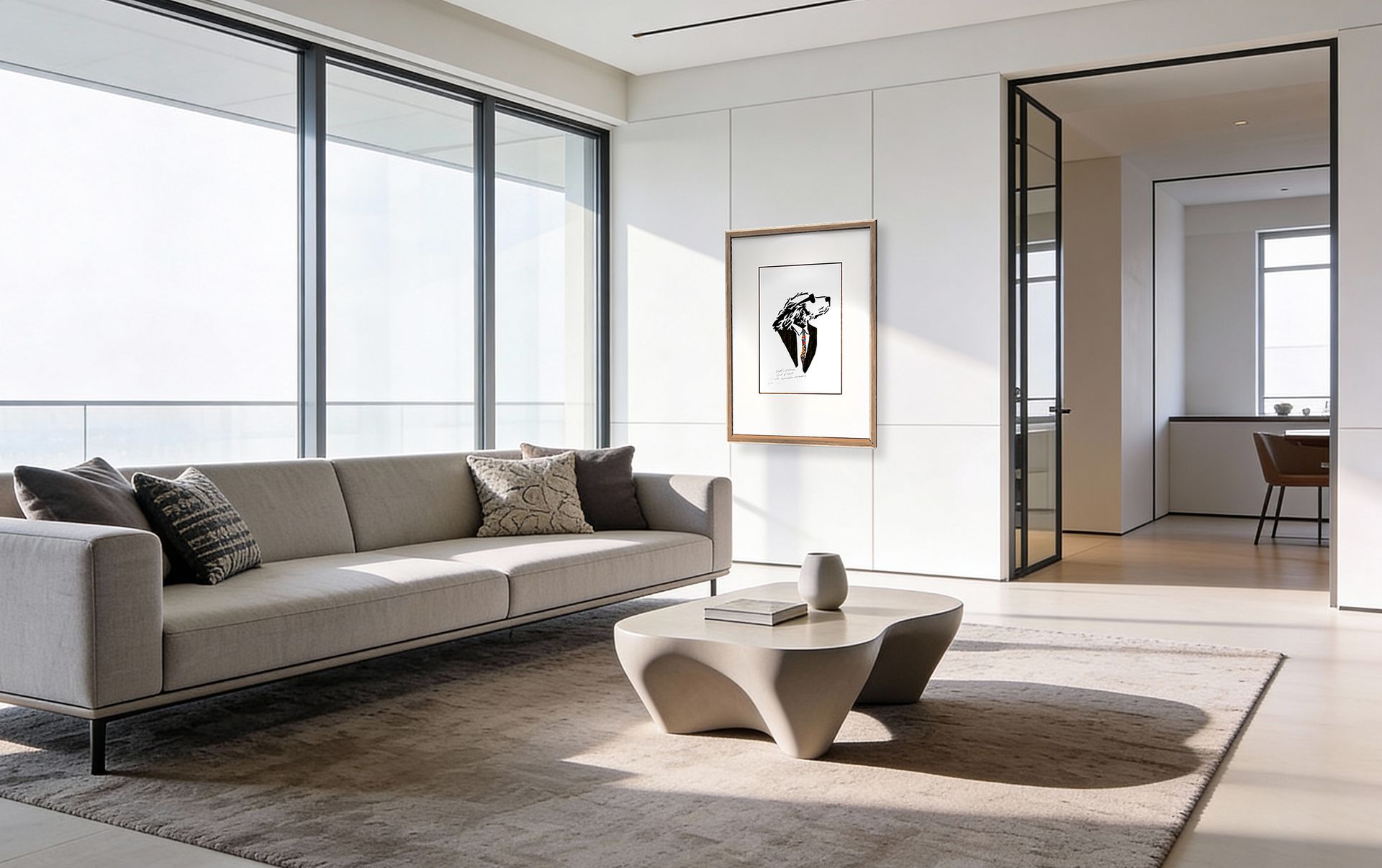 A profile illustration of a dog wearing sunglasses, a patterned blazer, and a bolo tie against a white background.