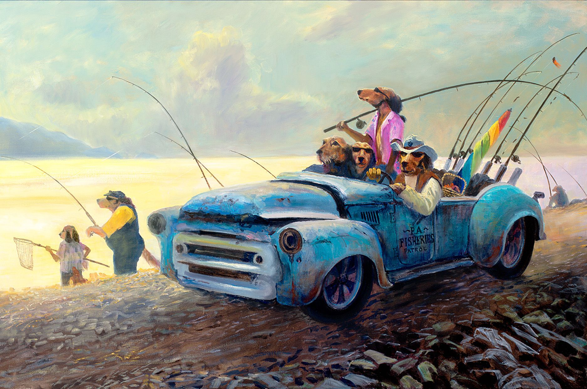 A whimsical oil painting of dogs driving a vintage blue car and fishing on a beach at sunset, framed in metal.