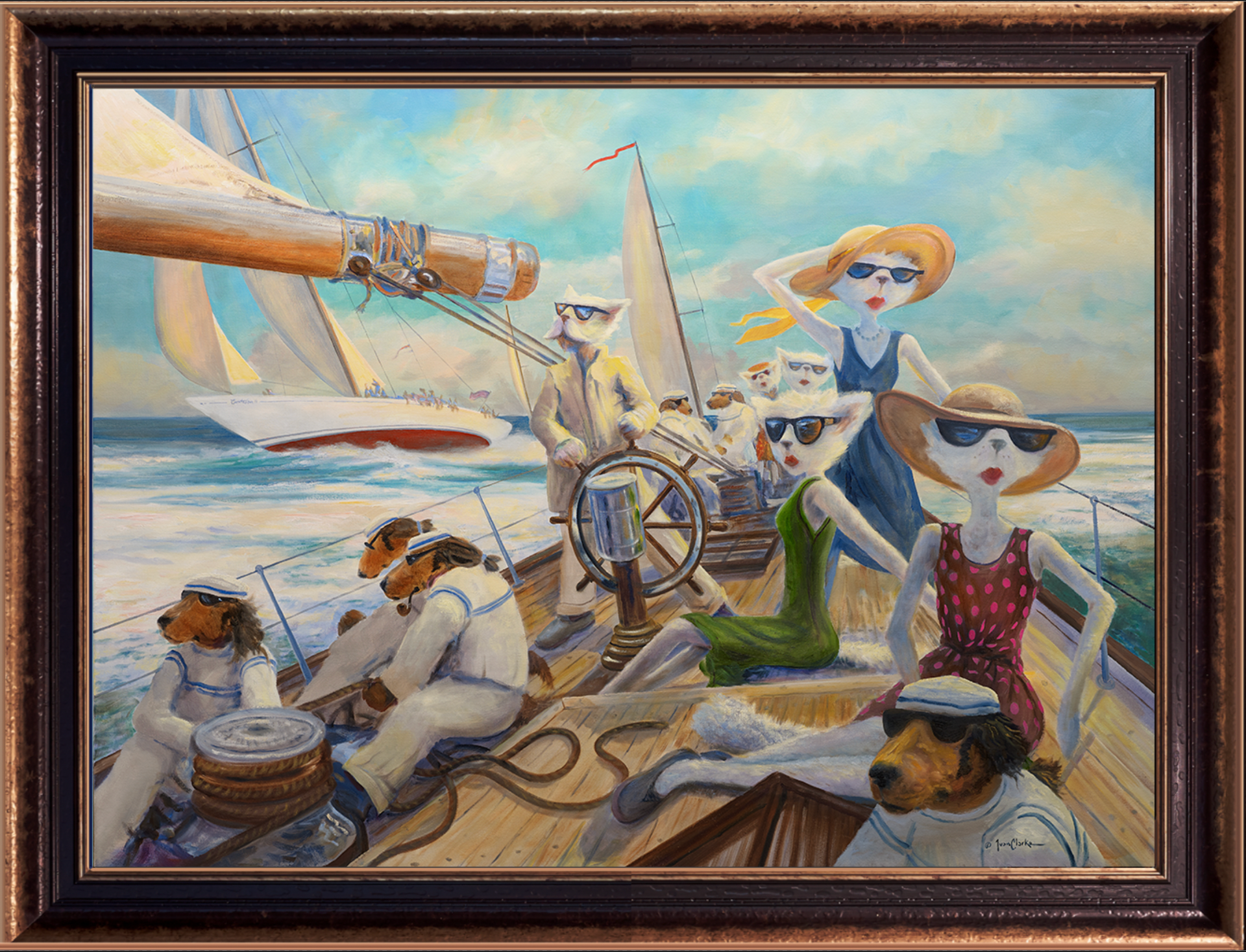 Anthropomorphic cats and dogs in beach attire sail on a boat, with a second sailboat visible in the sunny background.
