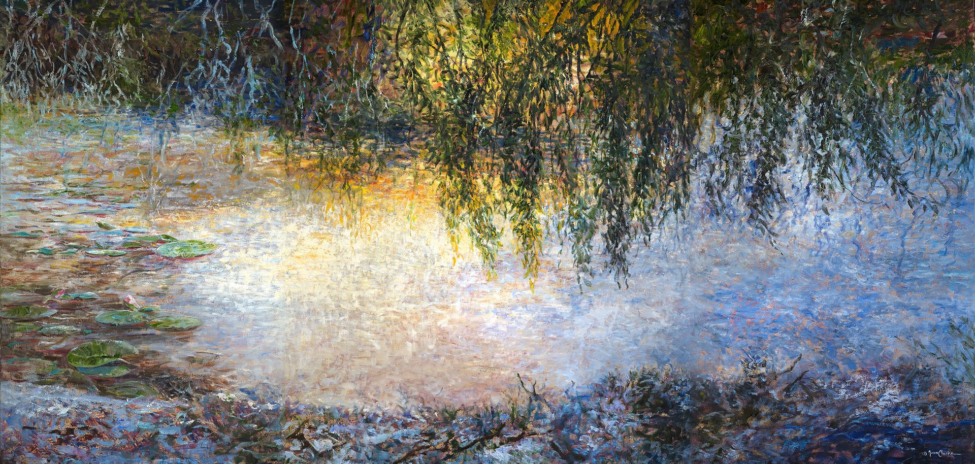A triptych painting depicts a willow tree hanging over a glowing, sunlit pond with lily pads and textured, blurred water.
