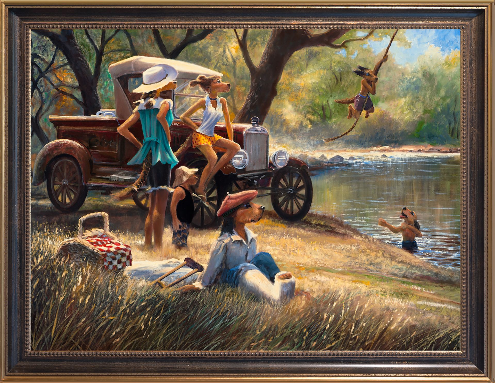 An oil painting of dogs in golf attire playing golf on a course, with one dog in a bunker preparing to swing a golf club.