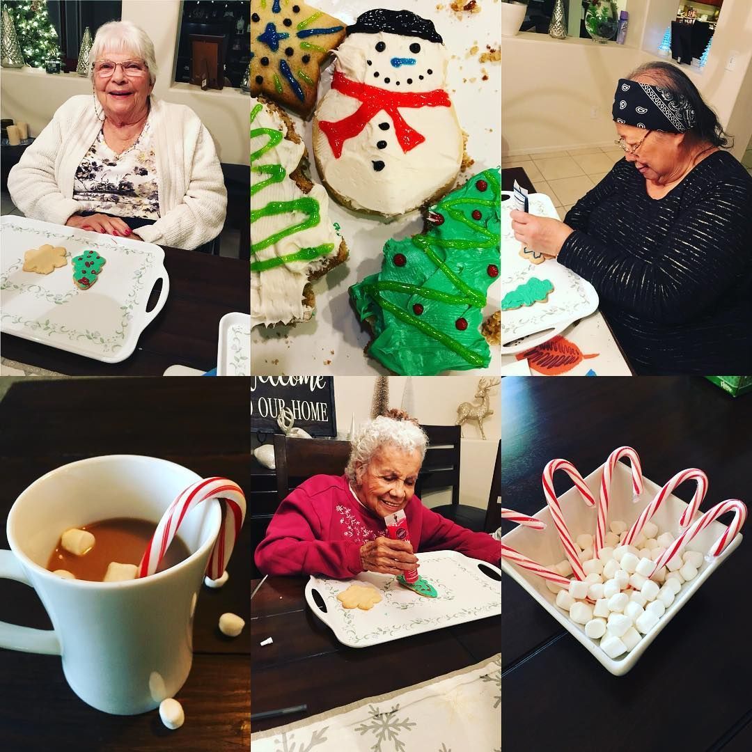 A collage of photos of elderly women making christmas cookies