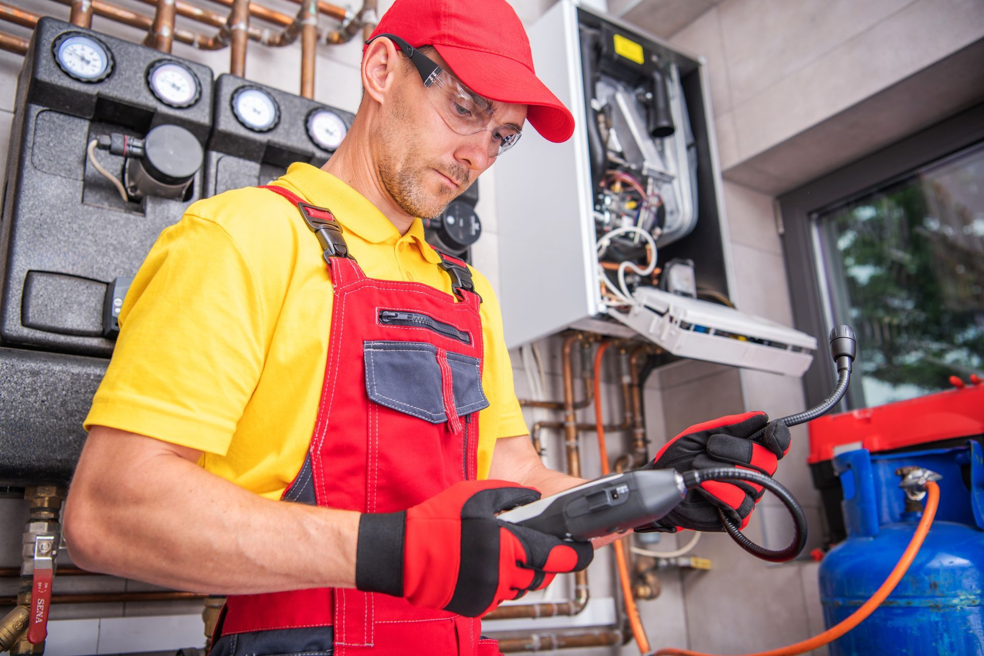 A technician in red and yellow overalls checks a gas boiler with a black testing device.