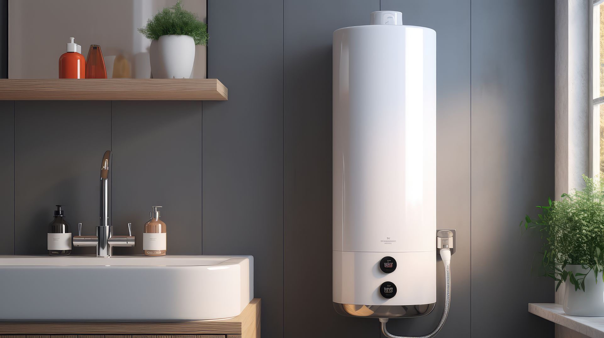 A bathroom with a sink and a heater on the wall.