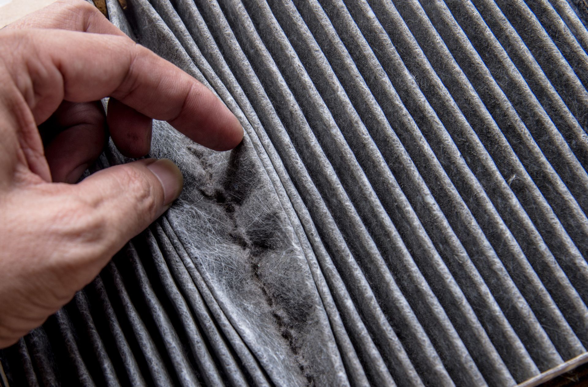 a person is holding a dirty air filter in their hand .