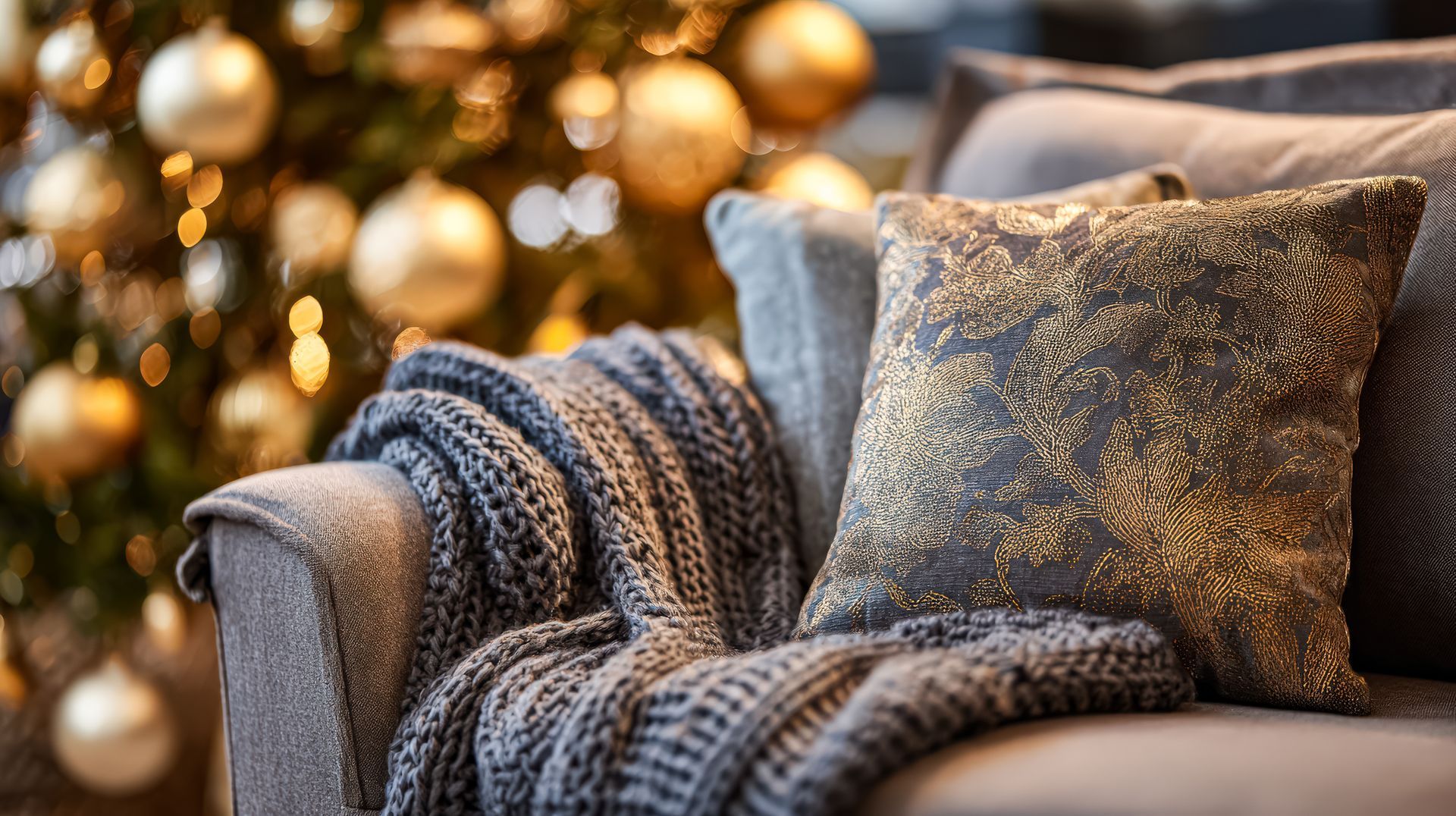 Cozy living room scene: gray sofa with knitted blanket and decorative pillows, Christmas tree with golden ornaments in the background.