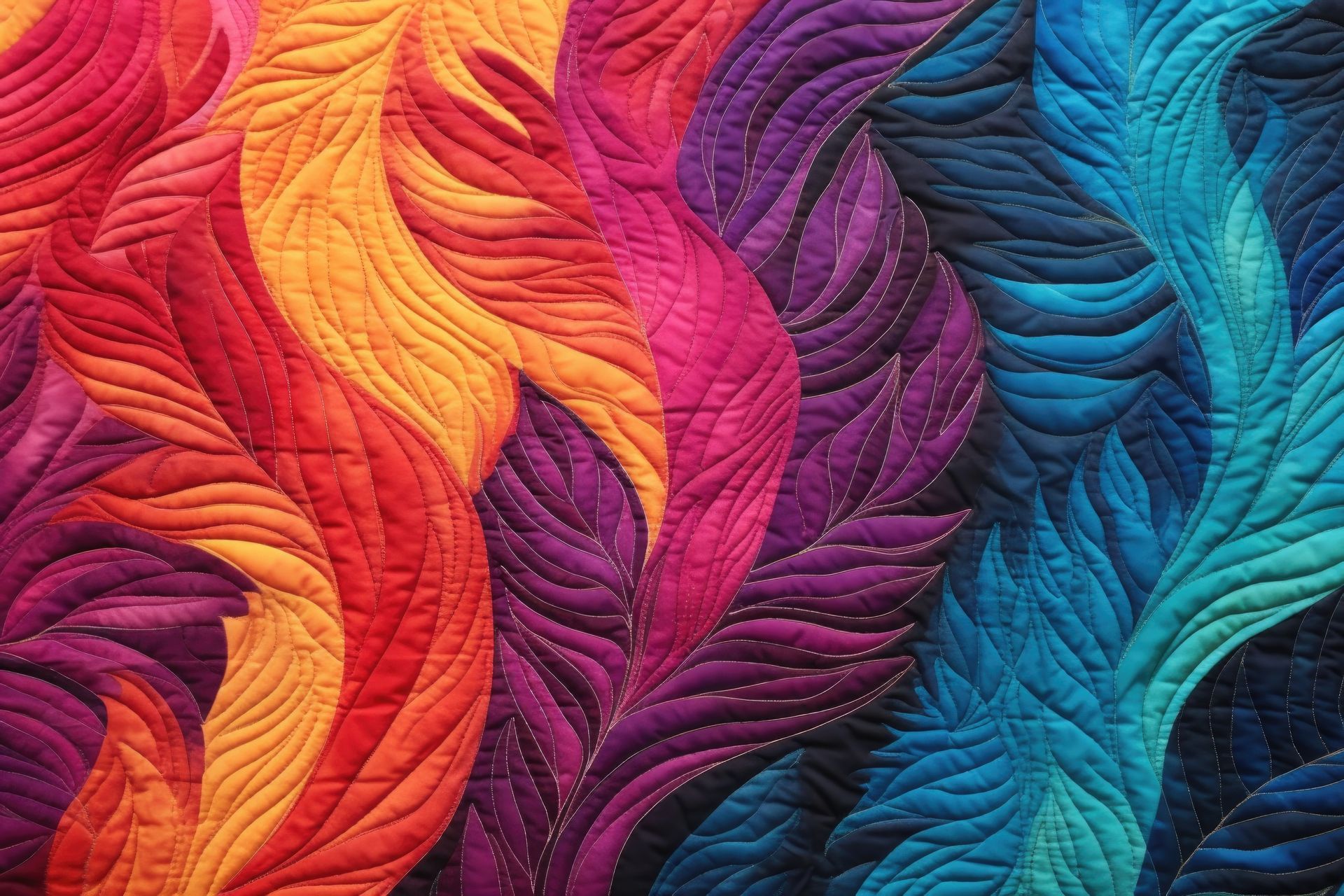 A close up of a colorful quilt with feathers on it